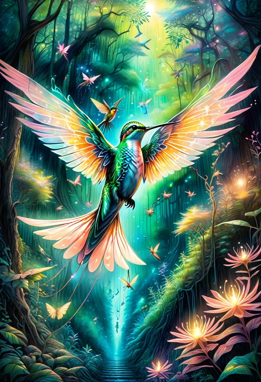 Midjourney, MJ, Midjourney style, Pastel, drawing with dry chalkposter, manga, anime, 
Magical scene, beautiful nature sprite riding a humming bird, bio-luminescent forest, enchanting, connective, inspirational, dream like, surreal 