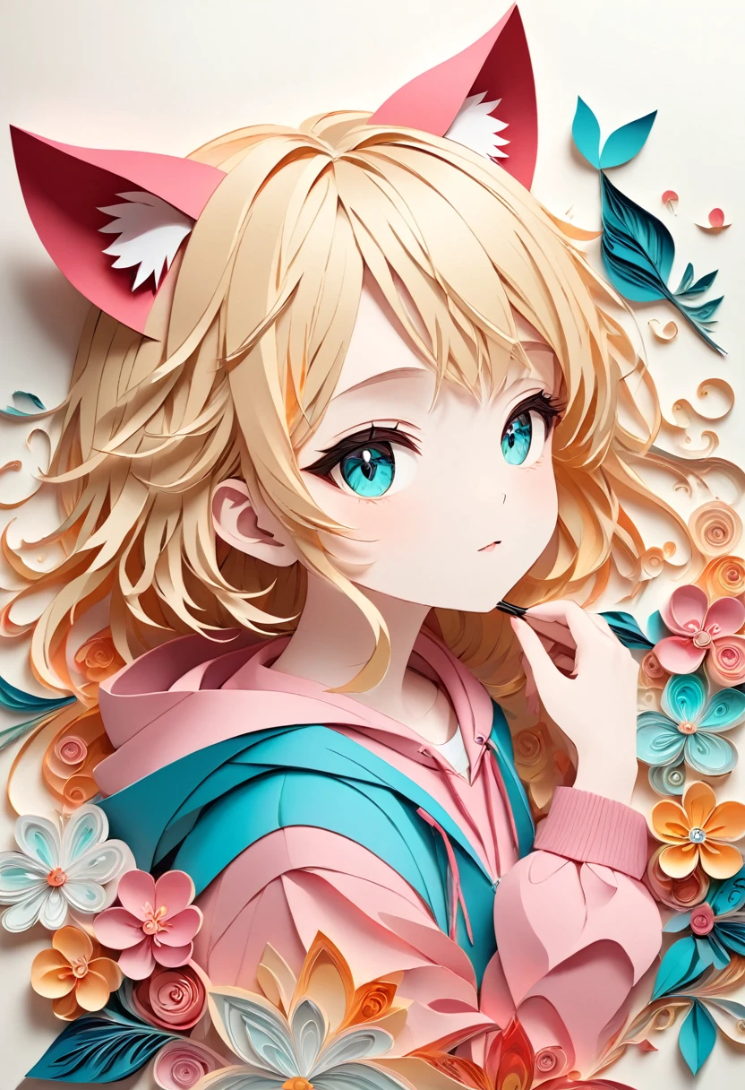 Paper cutting art,(Flat paper cutout，Paper Art，layered Paper Art，Paper Quilting, Digital Art),against a pure white background, girl，Blonde Hair Color、Cat ears of the same color as the hair、Turquoise Eyes、Pink short sleeve hoodie、(Attention to detail, masterpiece, Highest quality, Ultra-high resolution)