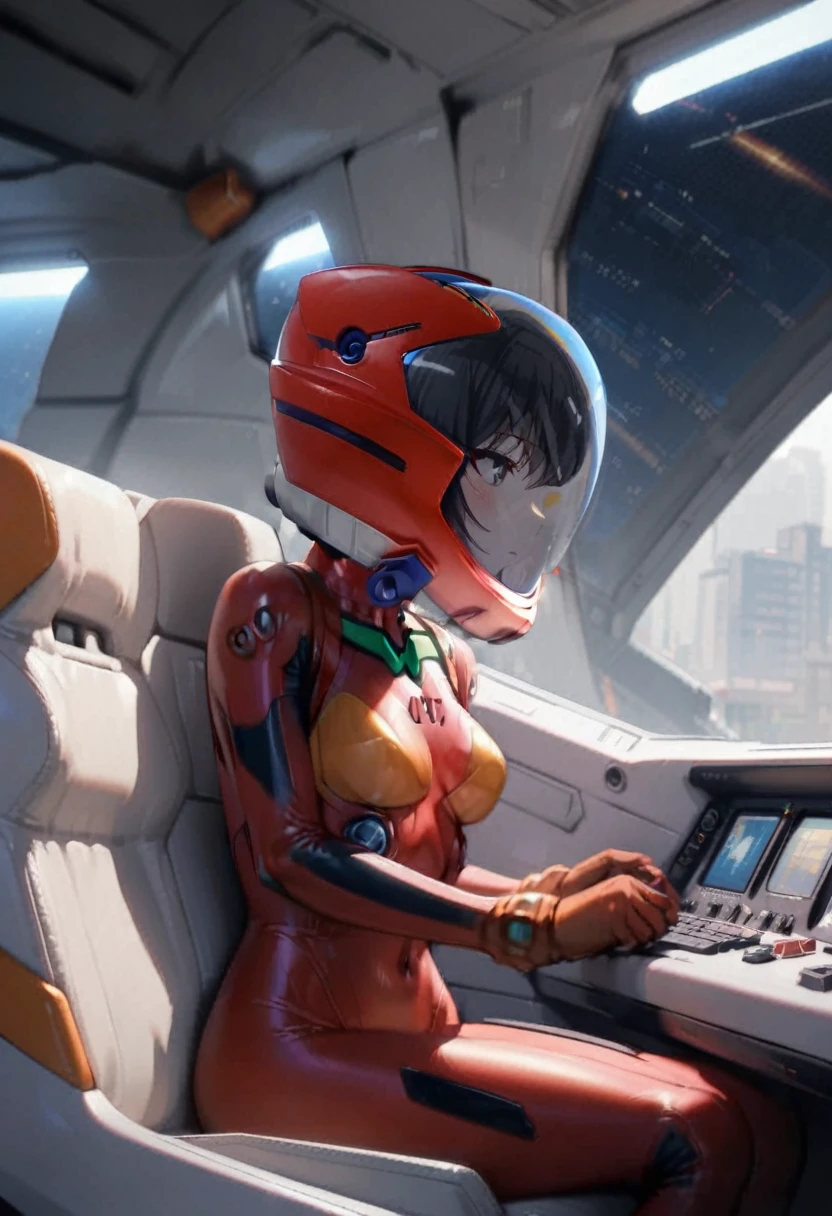 ( short hair, street, emo, BLACK hair, white eyes, eyeliner, apocalypse, girl, nside the (cockpit) of a (futuristic spaceship:1.6), , blush,sitting on a chair, covered navel, space helmet, muvluv, space helm, plugsuit , space helmet, eva helm,red bodysuit, short hair, FROM SIDE,upper body,close up