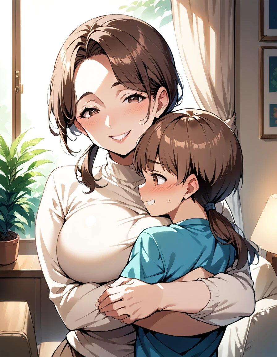  score_9, score_8_up, score_7_up, source_anime, 1mature_female, brown hair, brown eyes, low ponytail, large breasts, smile, 1boy, Shota, hug from behind, living room