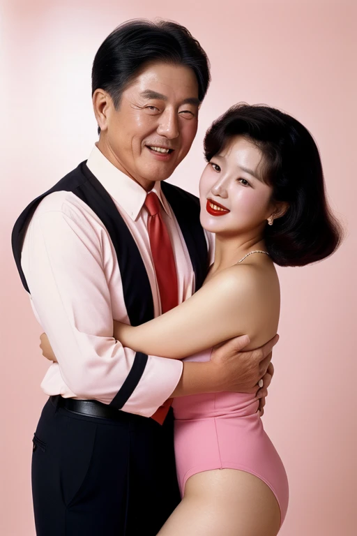 (((1 korean young girl and 1 old korean man facing each other))), {(1 korean girl is 20 years old), Picture a vibrant advertisement straight out of Korea from the 1980s. The primary focus of the image is a young woman, radiant and full of energy. big breasts, strikingly beautiful, delicate facial features, porcelain skin, expressive eyes, black hair, red lips, erotic pose, (((hairstyle of the 1980s))), (((pin-up style))),(((girl all nude))), (brightly smile, open mouth, tongue out)},soft pastel background, (((70 years old korean man wearing business suit))), (((70 years old korean man hugging korean young girl))),