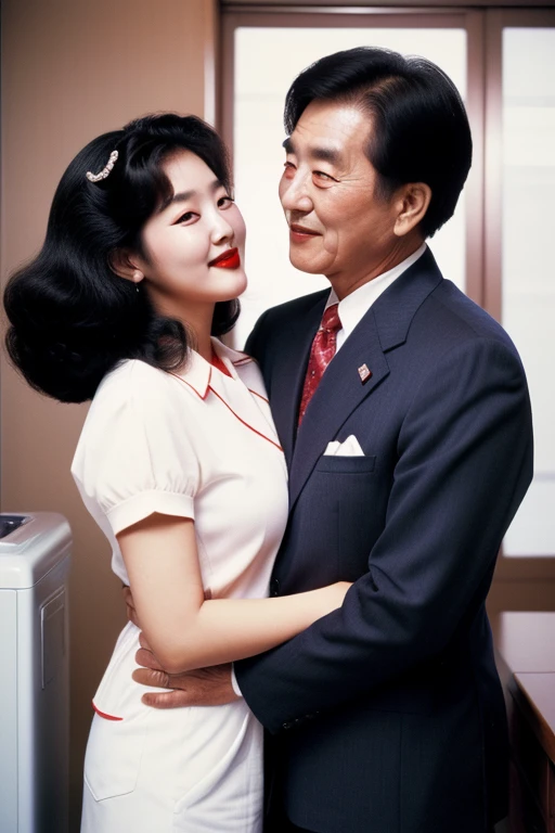 (((1 korean young girl and 1 old korean man facing each other))), {(1 korean girl is 20 years old), big breasts, strikingly beautiful, delicate facial features, porcelain skin, expressive eyes, black hair, red lips, (hairstyle of the 1980s), (her hair styled in classic pin curls), Visualize a vintage 1980s Korean washing machine advertisement. To the left of the washing machine, a youthful Korean woman, dressed in a stylish 1980s attire, beams with delight. Her hair is styled in the signature 80s big hair fashion, and she holds a bunch of clean}, (((70 years old korean man wearing business suit))), (((70 years old korean man hugging on korean young girl's chest))), focus on old man,