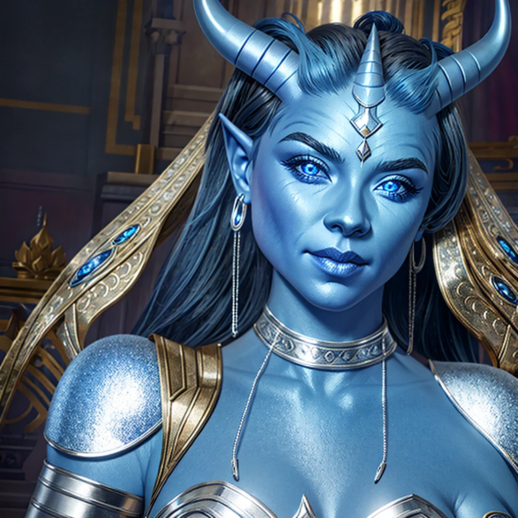 1girl, smile, horns, blue skin, glowing silver eyes, shiny pouty lips, temple indoors, 
volumetric lighting, best quality, masterpiece, realistic,  