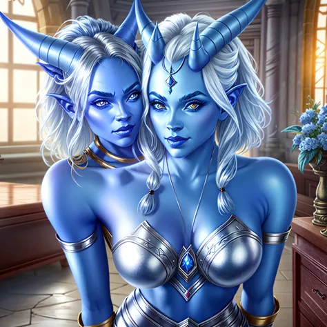 1girl, smile, horns, blue skin, glowing silver eyes, shiny pouty lips, temple indoors, 
volumetric lighting, best quality, maste...