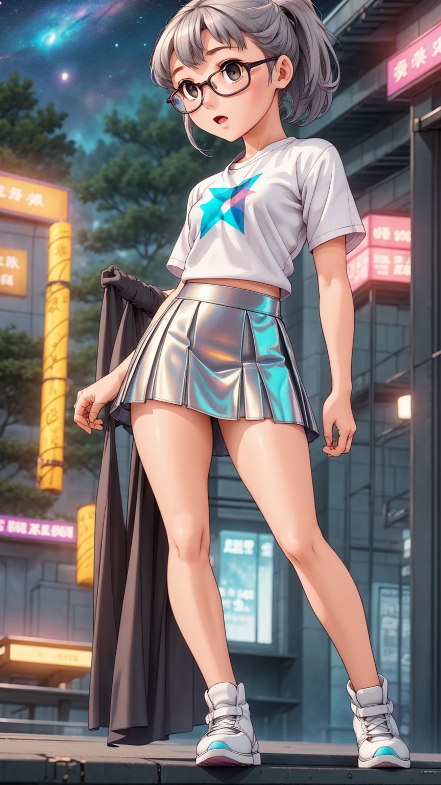 1girl light skin, small breasts, wears thick-framed glasses that highlight her facial features, with short hair, ponytail and gray, silver shirt, Underneath the shirt she wears another tight shirt, with details in vibrant colors reminiscent of the stars and planets of outer space, and a blue skirt high-top boots with non-slip soles,