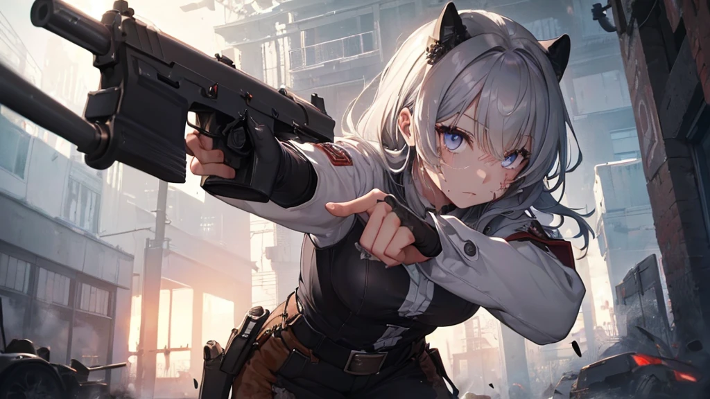 0. Action：Gun Action,Gun sights, ①Quality：(Very detailed:1.3), masterpiece, 8k, Very detailedCG, (1 girl), Perfect hands:1.2), (Perfect Anatomy:1.2), (Beautiful Face: 1.1), Intricate iris detail,Beautiful woman、Handgun、Same line of sight as the gun barrel、((Upper Body))、((Gray Hair))、((Photograph from the front))、(((((gun))))),(((cowboy shot))),((((Pointing the gun this way))))（Covered in blood）、Clothes full of scratches、((Scarred Face))、Red-black eyes、Detailed eyes、Scorched black clothes、((Detailed hands))、Black gloves、high resolution、Detailed picture、Beautiful painting、Targeting You、Holding a gun and staring at the viewer, Cold look、masterpiece, best quality, detailed beautiful face and eyes,detailed beautiful face,and eyes