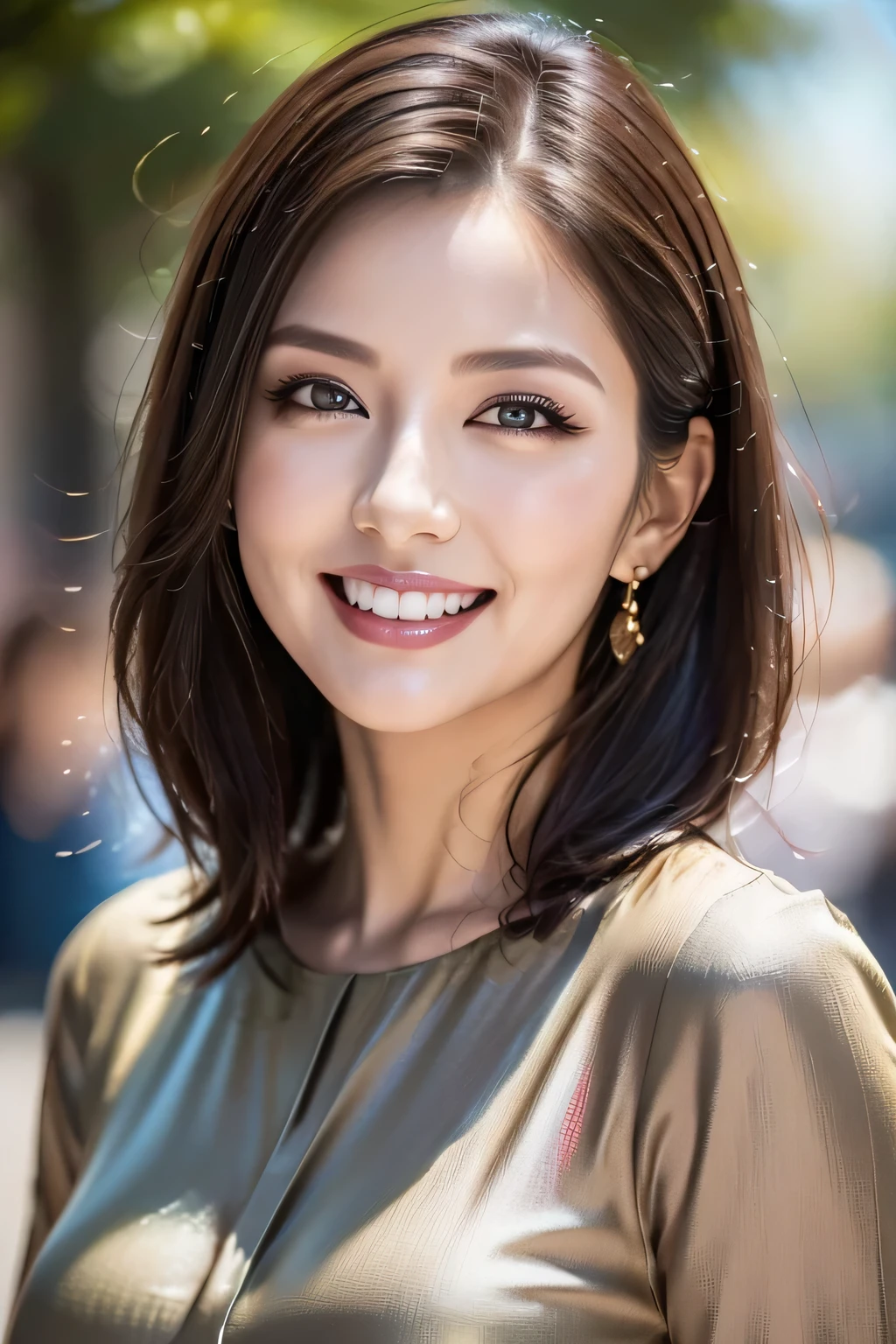 ((masterpiece)), ((Highest quality)), ((Complex)), ((Surreal)), (Realistic), (Mature Woman), ((There are no classes)), Very detailed, (1 female), Beautiful and exquisite, (Beautiful Teeth), Grin, Brunette bob hair, Brown eyes, ((blouse)), (Upper Body), (background:none), Perfect Eyes, Captivating eyes, Looking at the audience