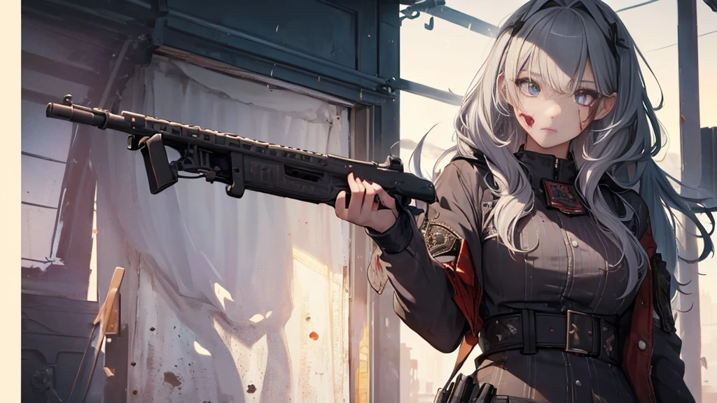 0. Action：Gun Action,Gun sights, ①Quality：(Very detailed:1.3), masterpiece, 8k, Very detailedCG, (1 girl), Perfect hands:1.2), (Perfect Anatomy:1.2), (Beautiful Face: 1.1), Intricate iris detail,Beautiful woman、Handgun、Same line of sight as the gun barrel、((Upper Body))、((Gray Hair))、((Photograph from the front))、(((((gun))))),(((cowboy shot))),((((Pointing the gun this way))))（Covered in blood）、Clothes full of scratches、((Scarred Face))、Red-black eyes、Detailed eyes、Scorched black clothes、((Detailed hands))、Black gloves、high resolution、Detailed picture、Beautiful painting、Targeting You、Holding a gun and staring at the viewer, Cold look、masterpiece, best quality, detailed beautiful face and eyes,detailed beautiful face,and eyes