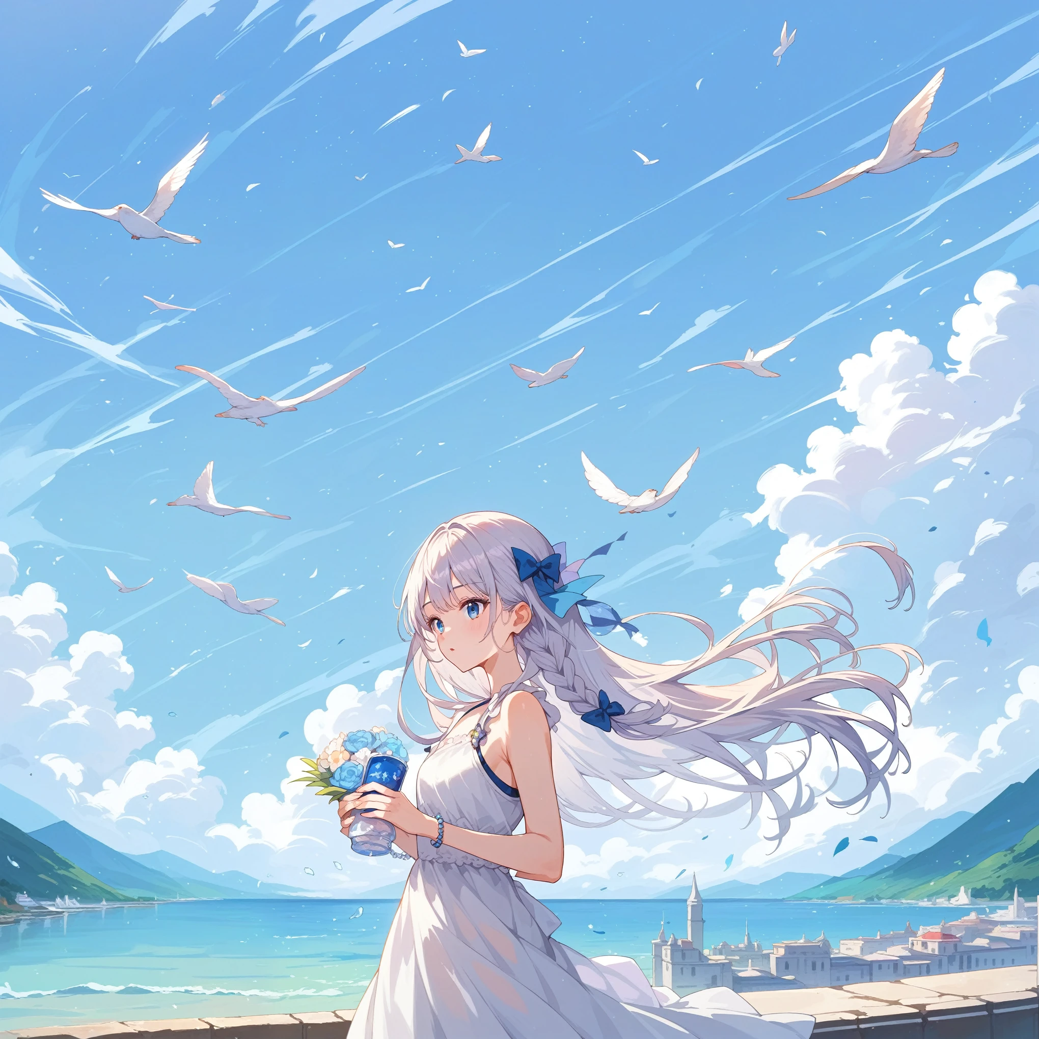 score_9_up, score_9, score_8_up, score_7_up, source_anime,masterpiece, best quality, high resolution, extremely detailed CG, absurdres, highres, beautiful blue_sky and clouds, brids in the far distance background