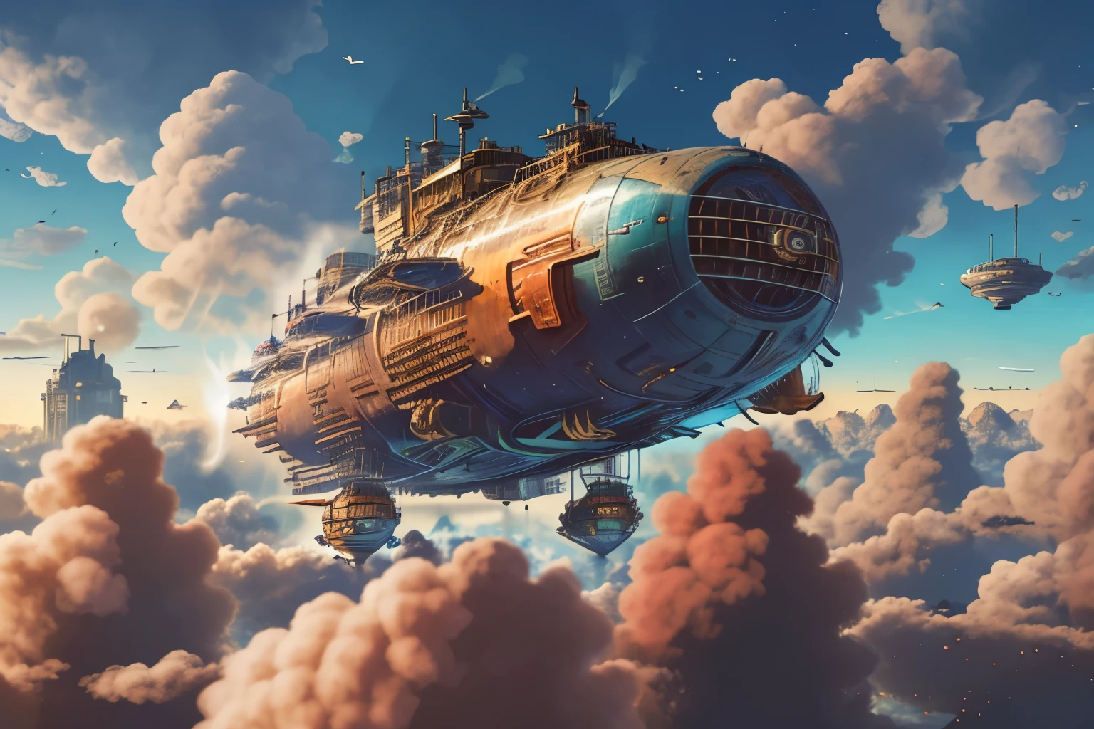 SteampunkAI, steampunk big airship, Mechanical, Leonardo da Vinci's Propeller, clear sky, Flying high in the sky, (realistic), full body, from below, perspective, panorama, wide shot, negative space, masterpiece, high details, high quality, 8k