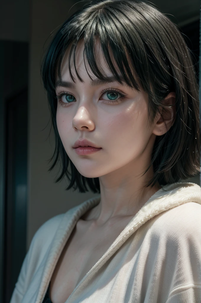 blush, perfect illumination, unreal engine, sidelighting, detailed face, bangs, simple background, dark background, far cowboy shot, Fubuki from opm, realistic, age 28, pure white skin, green eyes, dark green bob hair, white fur neck collor, green coat, perfect face, perfect shape body, extra large stif breasts, clothes covered upper body, 3d, front side pose