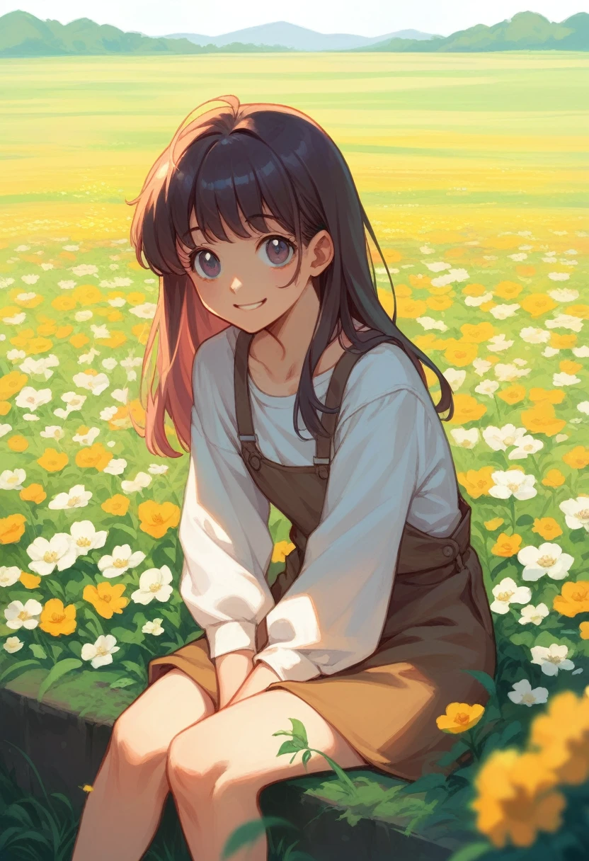 Anime girl in the anime style of the 80s sitting in a field of flowers and looking at the camera, smiling. pastel-colored
