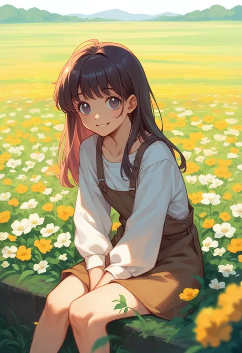 anime girl in the anime style of the 80s sitting in a field of flowers and looking at the camera, smiling. pastel-colored