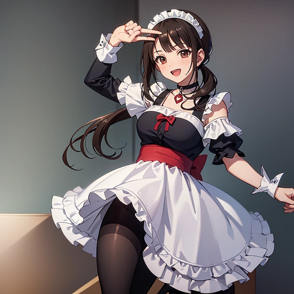 ((Highest quality,masterpiece)),(16K,Ultra-high resolution,Ultra-high resolution,Super detailed),high angle,from front,okitasawa facing the viewer,pony tails,((maid costume)),White choker,open mouth,happy smile,red cheek,Perfect Face, Perfect Eyes,cowboy shot,Anatomically correct body,pantyhose,Alone with the viewer in a classroom