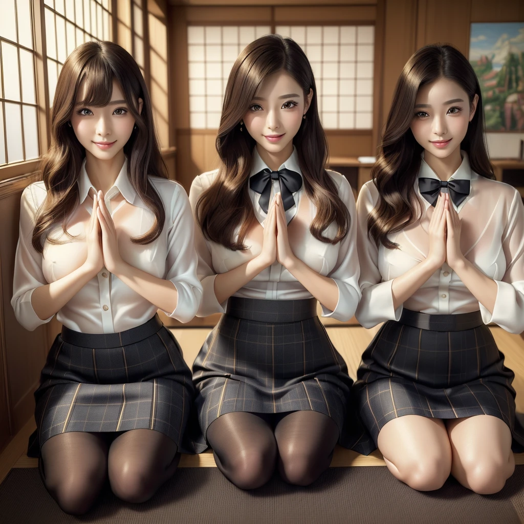 (best quality, masterpiece:1.5), (ultra-detailed, realistic:1.37),4K,(3woman:1.5),japanese,cute,beautiful,(silk office uniform:1.2),(skirt:1.2),(black pantyhose),(seiza),(big breast),(see through blouse),(bra),smile,