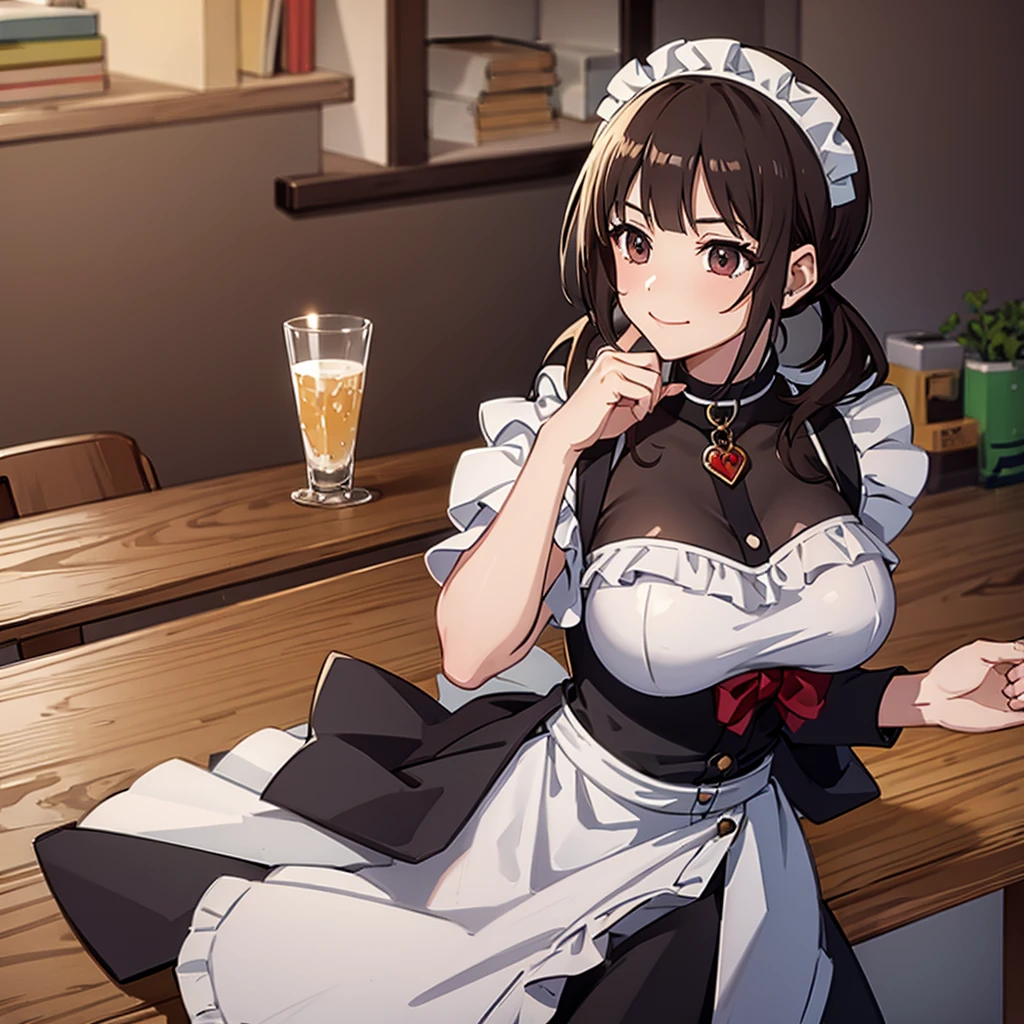 ((Highest quality,masterpiece)),(16K,Ultra-high resolution,Ultra-high resolution,Super detailed),high angle,from front,okitasawa facing the viewer,pony tails,((maid costume)),White choker,happy smile,red cheek,Perfect Face, Perfect Eyes,cowboy shot,Anatomically correct body,pantyhose,Alone with the viewer in a classroom