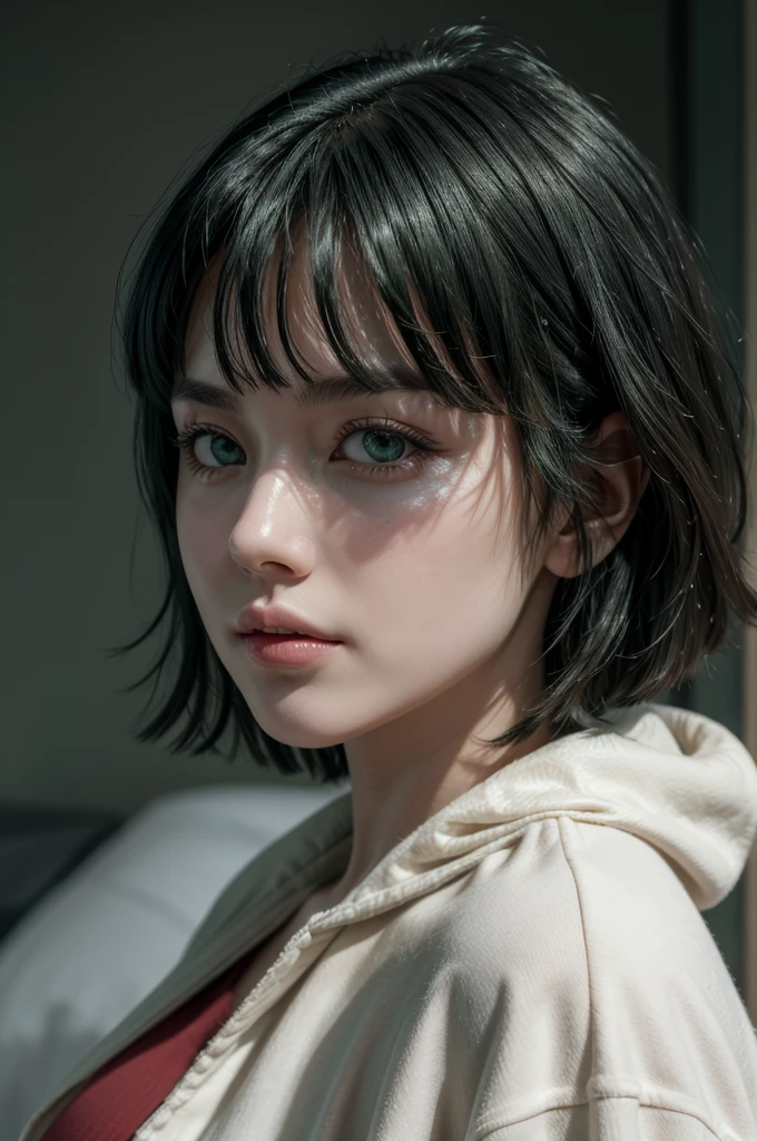 blush, perfect illumination, unreal engine, sidelighting, detailed face, bangs, simple background, dark background, far cowboy shot, Fubuki from opm, age 28, pure white skin, green eyes, dark green bob hair, white fur neck collor, green coat, perfect face, perfect shape body, extra large stif breasts, clothes covered upper body, 3d, front side pose