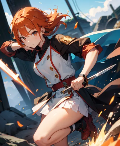 asunayuuki, orange hair， with two shining swords, white combat uniform, sword art onlineの翻案, a red stroke simulating the charact...