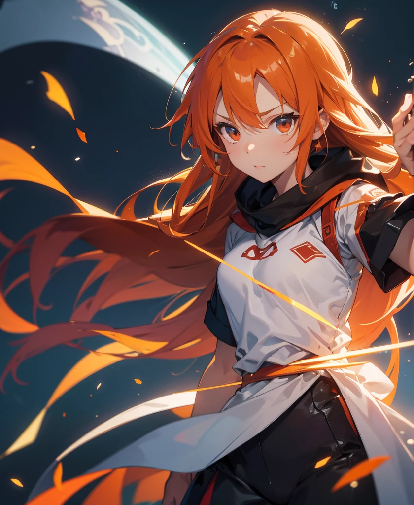 asunayuuki, Orange Hair， With two shining swords, White combat uniform, Sword Art Onlineの翻案, A red stroke simulating the character&#39;s speed, BATTLE MODE, (Surreal), {Highly detailed CG unit wallpaper 8k}, Vast landscape photography, (A central vision that prioritizes the whole character, (Viewer-facing view), (Low angle shot), (stand out: 1.5), (Low light: 1.0), (Warm light source: 1.0), Intricate details, (Iridescent colors: 1.5), (Bright lighting), (Atmospheric lighting), Sword Art Online, dream-like, anime