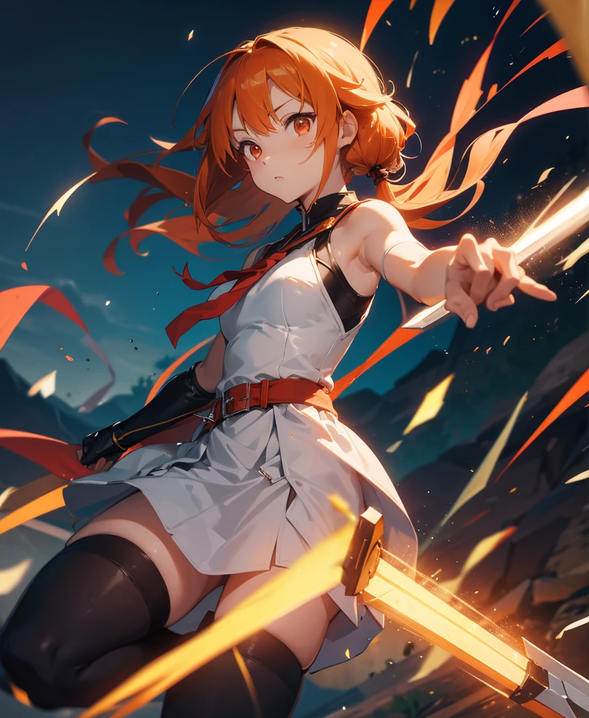 asunayuuki, Orange Hair， With two shining swords, White combat uniform, Sword Art Onlineの翻案, A red stroke simulating the character&#39;s speed, BATTLE MODE, (Surreal), {Highly detailed CG unit wallpaper 8k}, Vast landscape photography, (A central vision that prioritizes the whole character, (Viewer-facing view), (Low angle shot), (stand out: 1.5), (Low light: 1.0), (Warm light source: 1.0), Intricate details, (Iridescent colors: 1.5), (Bright lighting), (Atmospheric lighting), Sword Art Online, dream-like, anime