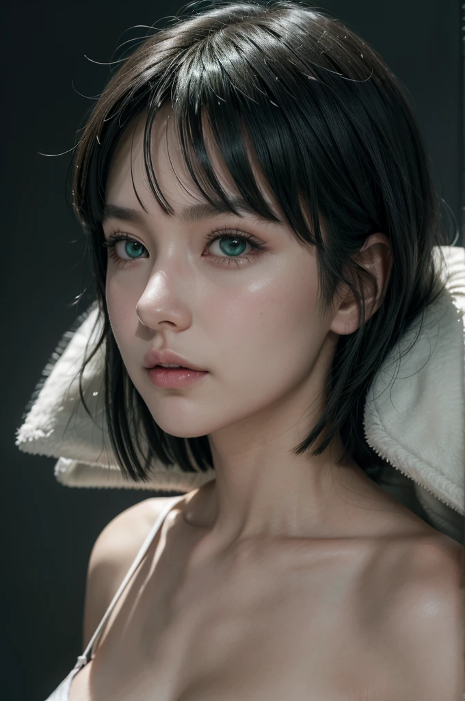 blush, perfect illumination, unreal engine, sidelighting, detailed face, bangs, simple background, dark background, far cowboy shot, Fubuki from opm, age 28, pure white skin, green eyes, dark green bob hair, white fur neck collor, green coat, perfect face, perfect shape body, extra large stif breasts, clothes covered upper body, 3d, front side pose