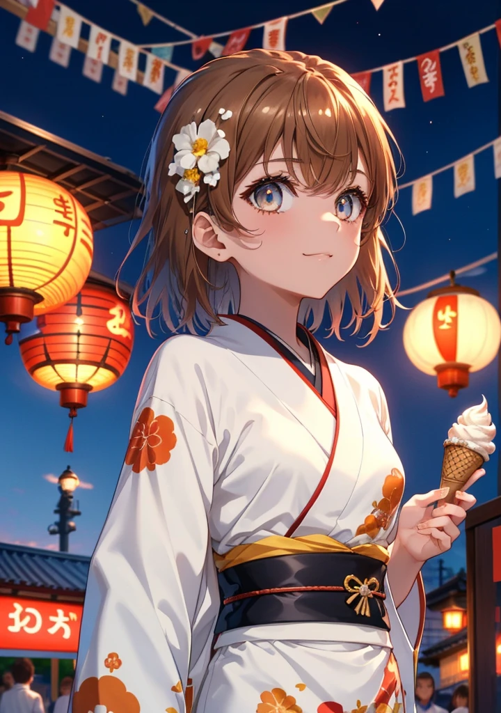 Mycotrose, Brown eyes,Brown Hair,short hair,One side up,Flower Hair Ornaments,smile,White Kimono,Holding ice cream in one hand,日本のfestival,夏festivalの屋台,Red lantern,whole bodyがイラストに入るように,night,
break looking at viewer,whole body,                 　　　　　break outdoors, festival,shrine,                                                             break (masterpiece:1.2), Highest quality, High resolution, unity 8k wallpaper, (shape:0.8), (Beautiful and beautiful eyes:1.6), Highly detailed face, Perfect lighting, Extremely detailed CG, (Perfect hands, Perfect Anatomy),