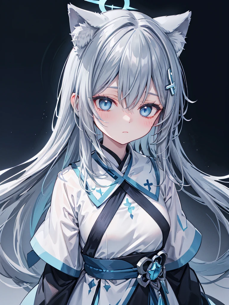 shiroko, animal ears, blue eyes, grey hair, hair ornament, hairpin, halo, medium hair, wolf ears, upper body, no background, no expression, expressionless.