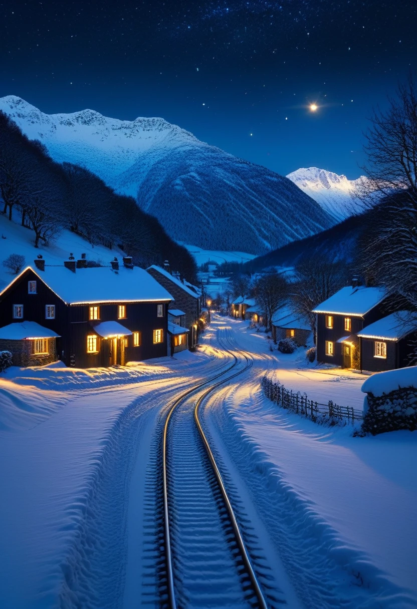 a peaceful snowy rural village at night, small cottages with warm lights glowing, a train with lights passing through the snowy landscape, vast starry night sky, (best quality,4k,8k,highres,masterpiece:1.2),ultra-detailed,(realistic,photorealistic,photo-realistic:1.37),cinematic,atmospheric,serene,idyllic,tranquil,picturesque,dramatic lighting,moody,melancholic,ethereal,contemplative