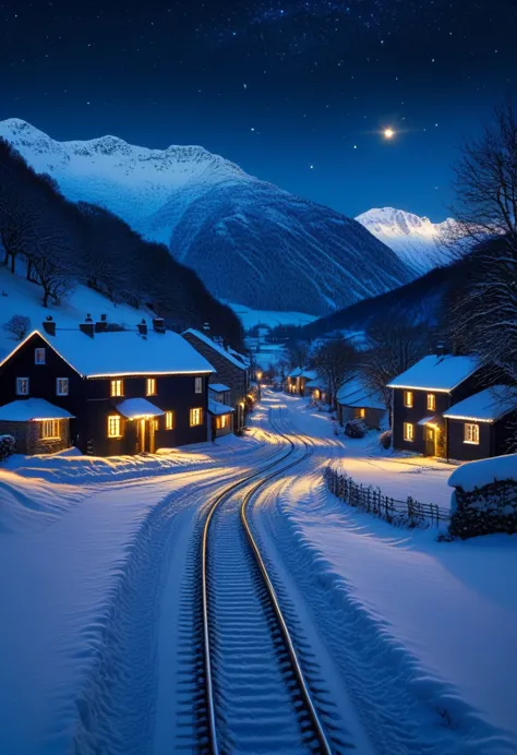 a peaceful snowy rural village at night, small cottages with warm lights glowing, a train with lights passing through the snowy ...