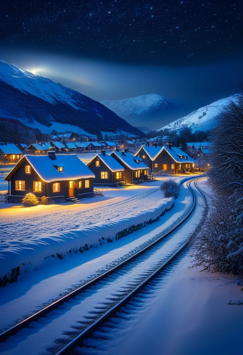 a peaceful snowy rural village at night, small cottages with warm lights glowing, a train with lights passing through the snowy landscape, vast starry night sky, (best quality,4k,8k,highres,masterpiece:1.2),ultra-detailed,(realistic,photorealistic,photo-realistic:1.37),cinematic,atmospheric,serene,idyllic,tranquil,picturesque,dramatic lighting,moody,melancholic,ethereal,contemplative