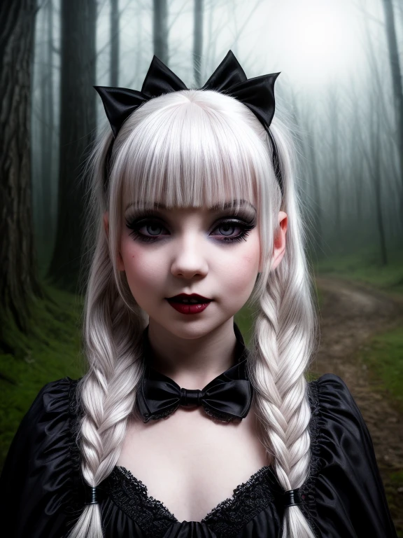 female sexy vampire|albino, pale porcelain skin, sexy vintage black dress, fishnet, (8 years old, loli:1.5), smile, shallow depth of field, grin|creepy, nightfall, detailed face, night, wide hips, narrow waist, portrait of woman standing, detailed eyes, portrait of woman standing, 8k RAW photo, highest quality, looking at the viewer, best shadow, intricate details, white hair, pigtails, cute, bright white eyes, mascara, eyeshadow, gothic makeup, (night:1.4), forest, grave, gothic, goth detailed, highres, high qualilty, high saturation