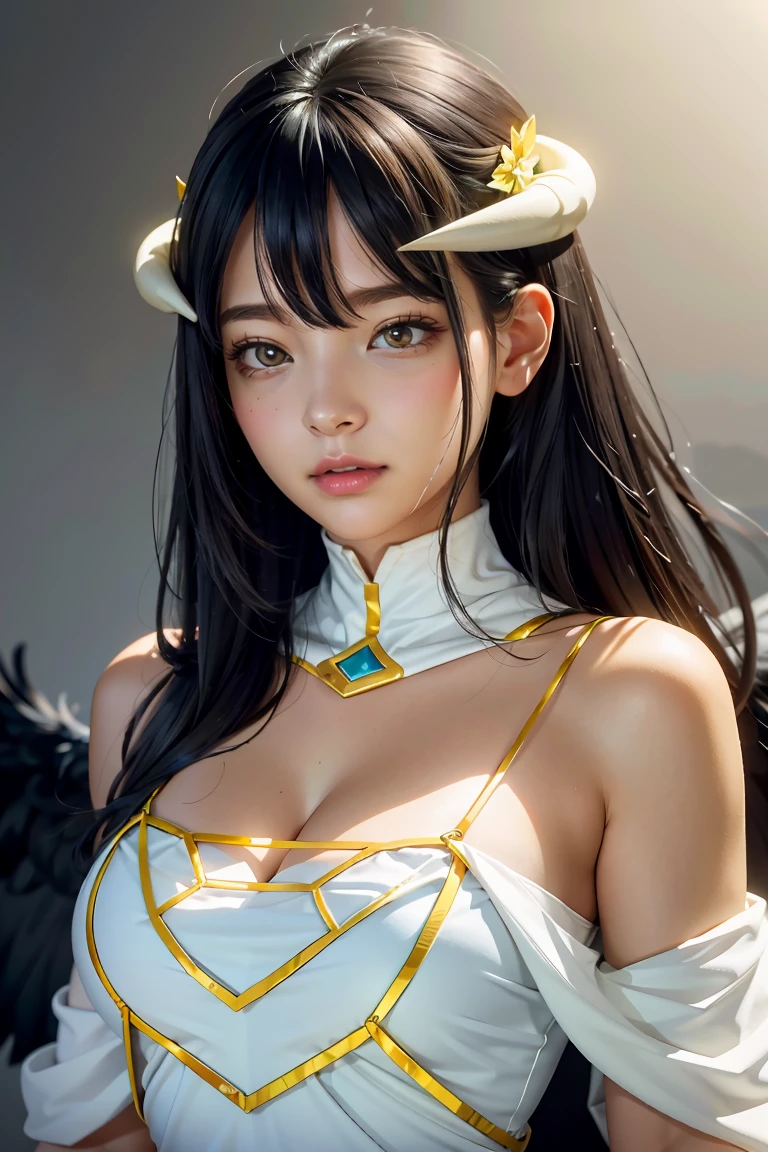 Masterpiece, Best quality, Ultra-detailed, illustration, epic lighting, Cinematic composition, isometry,(hexagons:1.2), 1girll, Horns, Solo, Yellow eyes, Black hair, Long hair, (Low wing:1.2), Large cleavage, Bare shoulders, hair between eye, Medium breasts, (White dress:1.1), Golden decoration, Detached collar, view the viewer, Semi-closed Eyes, (view the viewer:1.1), parted lip, Blush, Black feathers fall, Arena, particle fx, (8K:1.1)