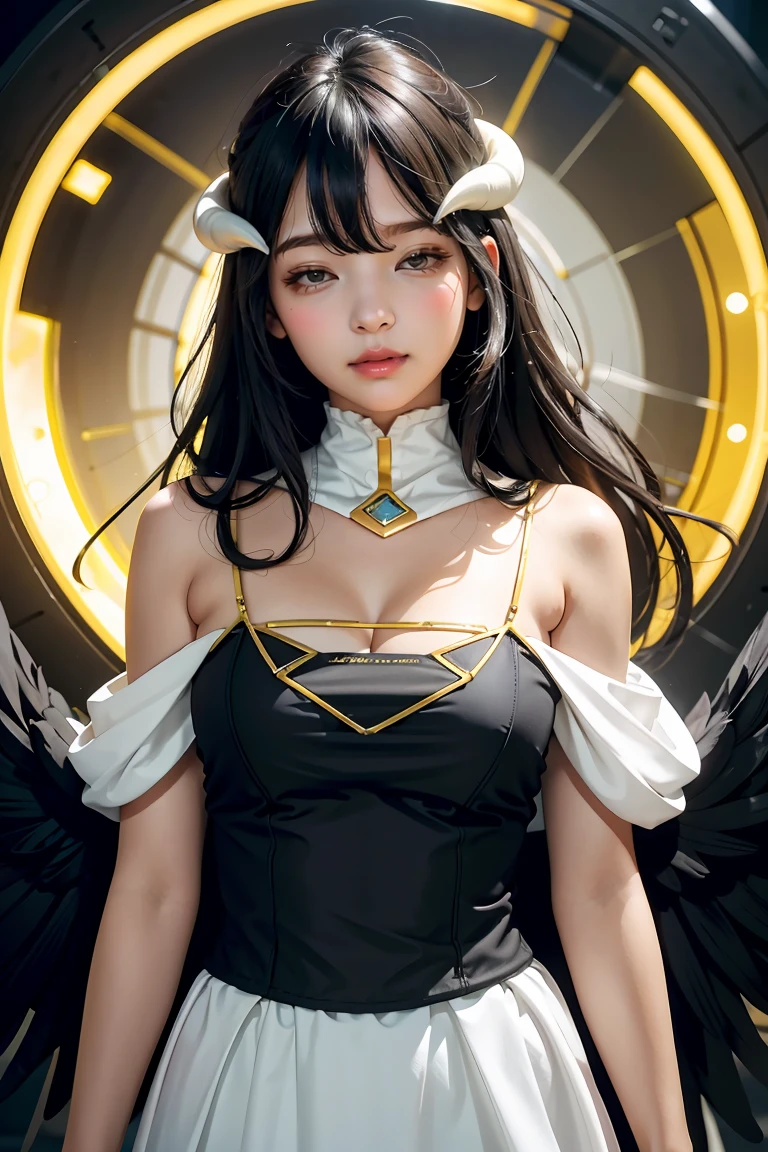 Masterpiece, Best quality, Ultra-detailed, illustration, epic lighting, Cinematic composition, isometry,(hexagons:1.2), 1girll, Horns, Solo, Yellow eyes, Black hair, Long hair, (Low wing:1.2), Large cleavage, Bare shoulders, hair between eye, Medium breasts, (White dress:1.1), Golden decoration, Detached collar, view the viewer, Semi-closed Eyes, (view the viewer:1.1), parted lip, Blush, Black feathers fall, Arena, particle fx, (8K:1.1)