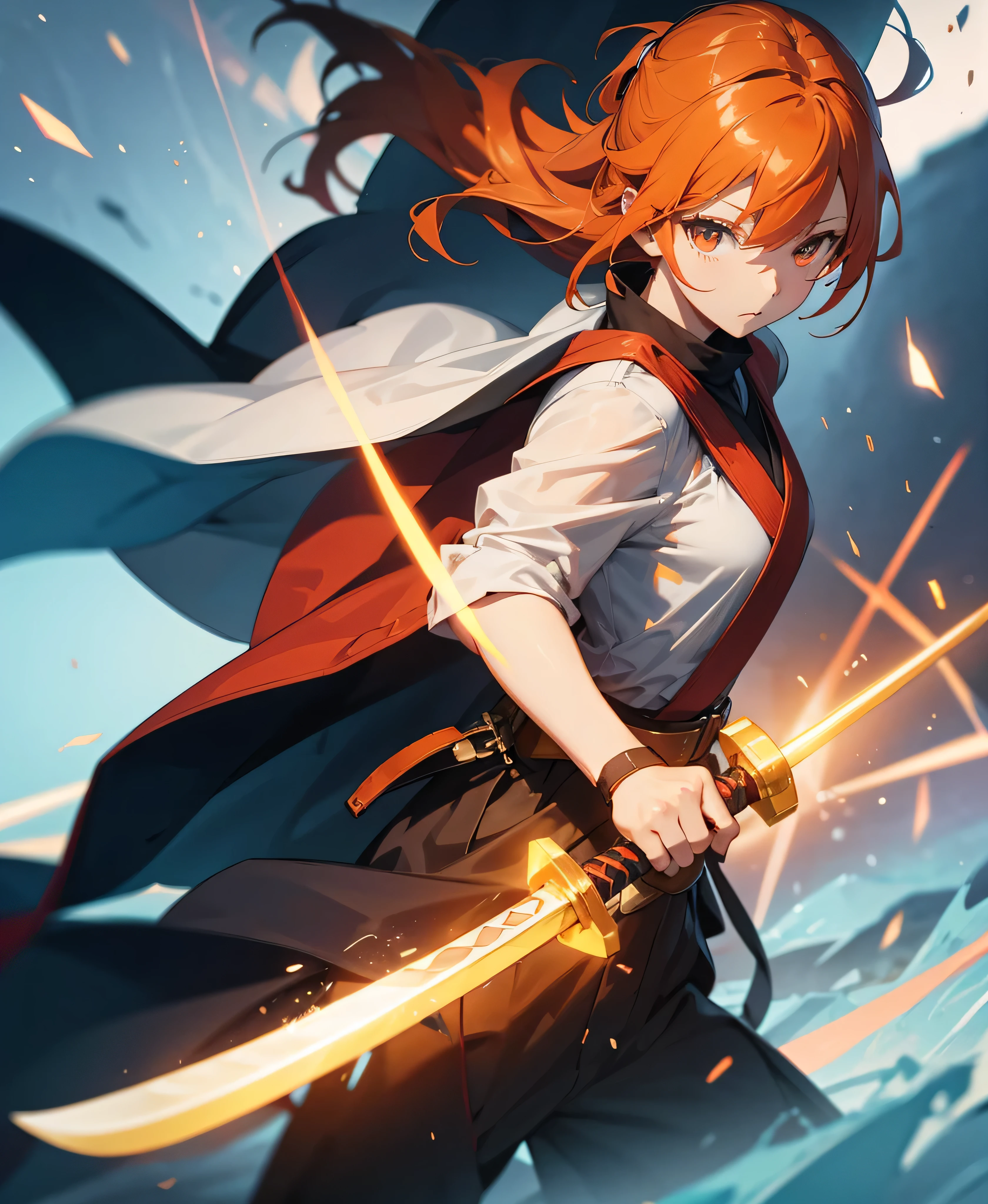 asunayuuki, Orange Hair， With two shining swords, White combat uniform, An adaptation of Sword Art Online, A red stroke simulating the character&#39;s speed, BATTLE MODE, (surreal), {Highly detailed CG unit wallpaper 8k}, Vast landscape photography, (A central vision that prioritizes the whole character, (Viewer-facing view), (Low angle shot), (stand out: 1.5), (Low light: 1.0), (Warm light source: 1.0), Intricate details, (Iridescent colors: 1.5), (Bright lighting), (Atmospheric lighting), Sword Art Online, dream-like, アニメ