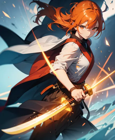 asunayuuki, orange hair， with two shining swords, white combat uniform, an adaptation of sword art online, a red stroke simulati...