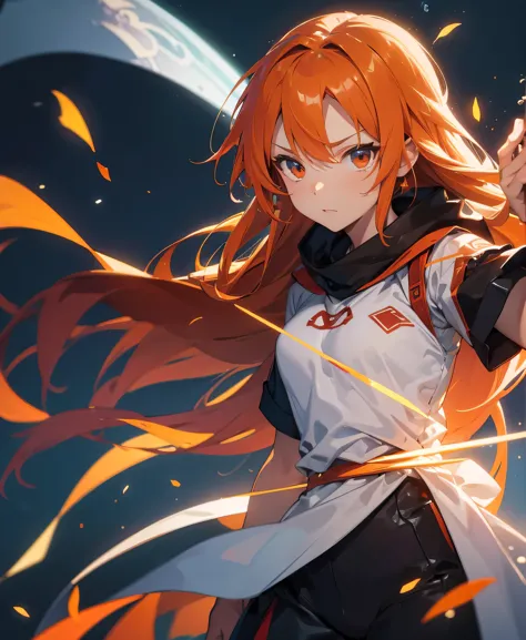 asunayuuki, orange hair， with two shining swords, white combat uniform, an adaptation of sword art online, a red stroke simulati...