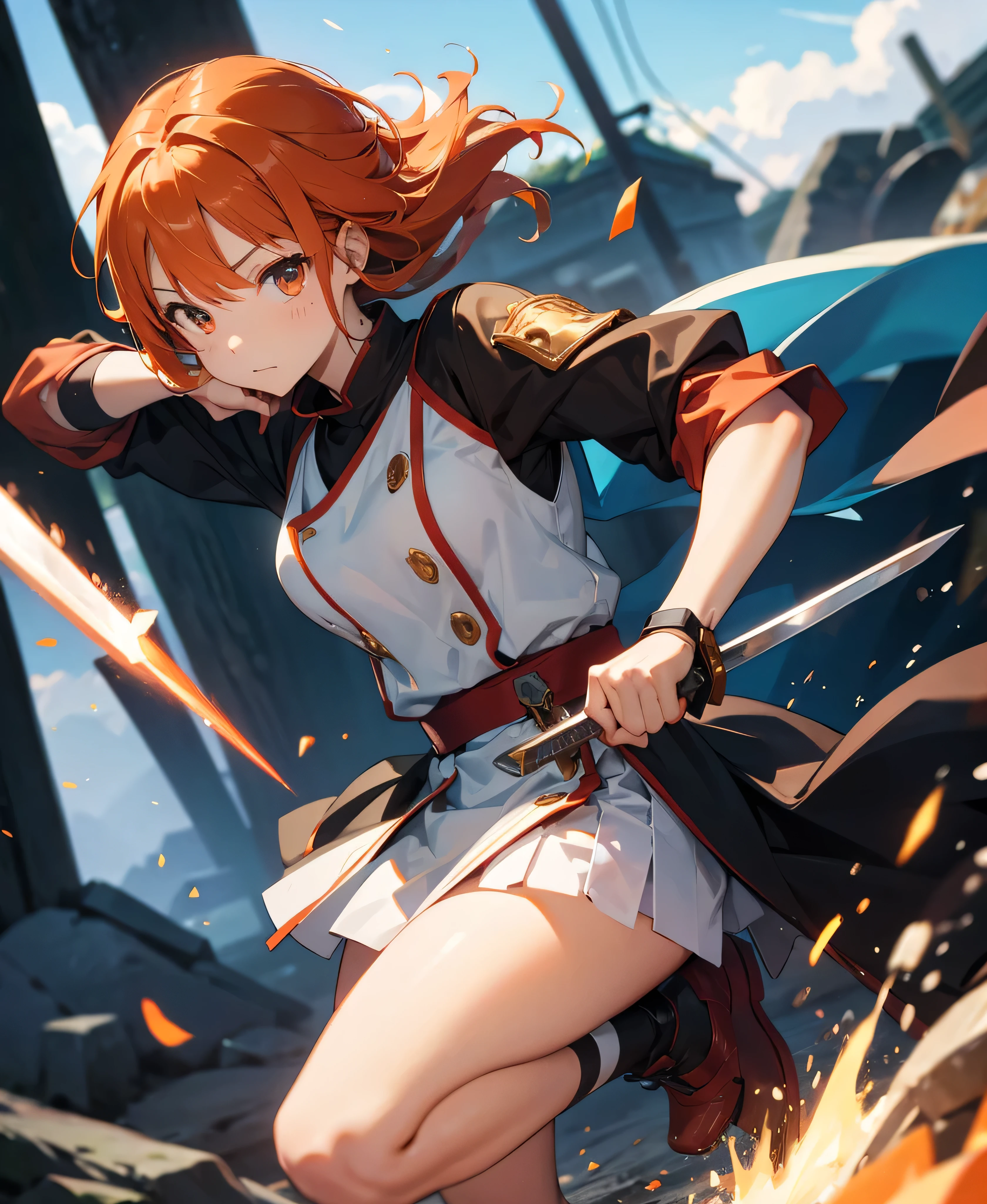 asunayuuki, Orange Hair， With two shining swords, White combat uniform, An adaptation of Sword Art Online, A red stroke simulating the character&#39;s speed, BATTLE MODE, (surreal), {Highly detailed CG unit wallpaper 8k}, Vast landscape photography, (A central vision that prioritizes the whole character, (Viewer-facing view), (Low angle shot), (stand out: 1.5), (Low light: 1.0), (Warm light source: 1.0), Intricate details, (Iridescent colors: 1.5), (Bright lighting), (Atmospheric lighting), Sword Art Online, dream-like, アニメ