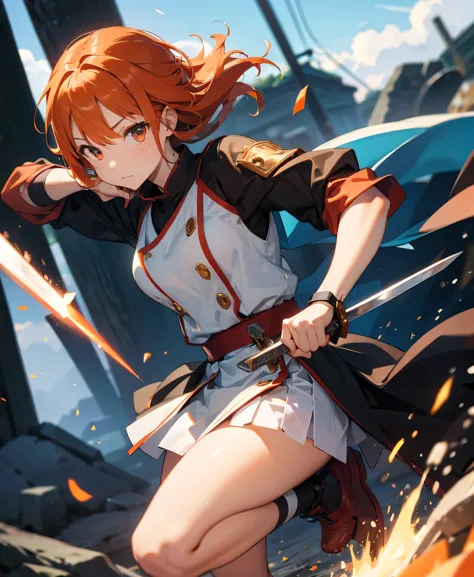 asunayuuki, orange hair， with two shining swords, white combat uniform, an adaptation of sword art online, a red stroke simulati...