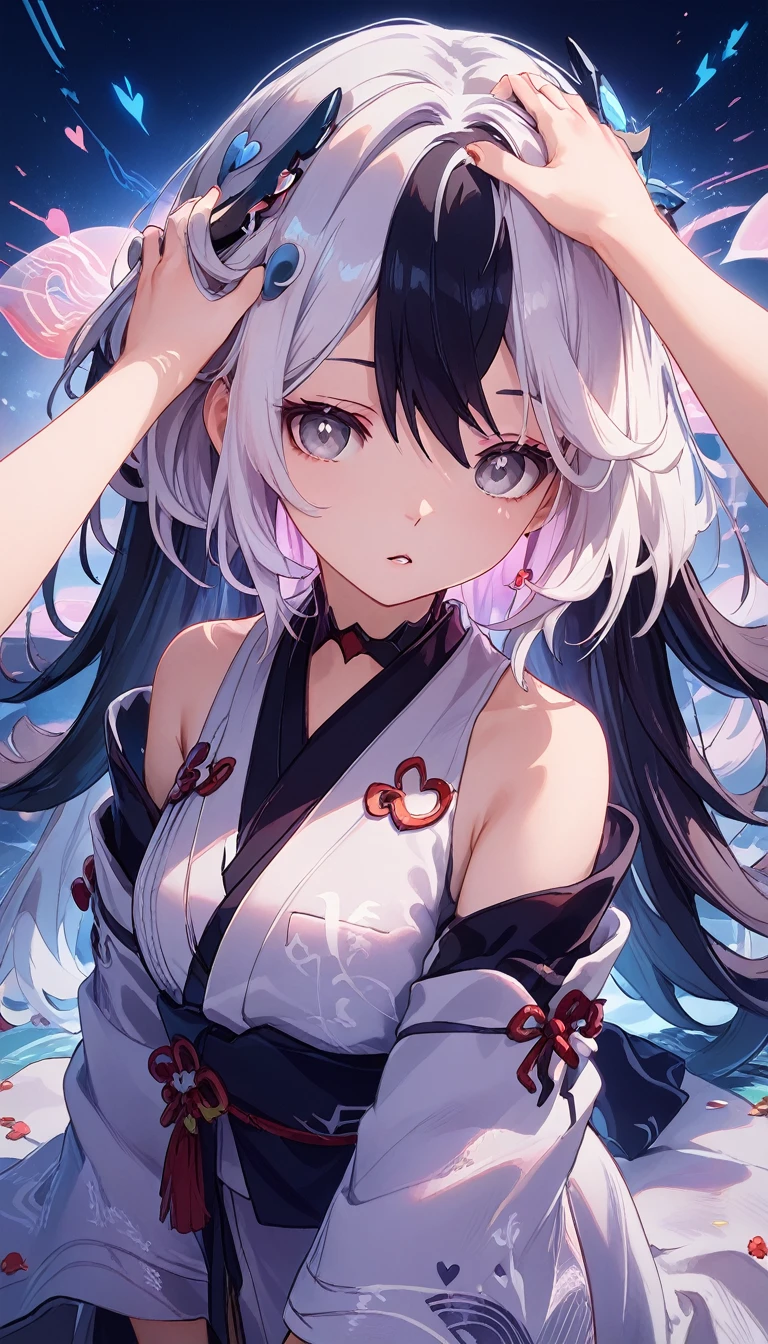 4k,lighting,highres,1 girl,hi3 coralie,black hair,white hair,mature,grey eyes,wedding kimono,bare shoulders,detailed,hair ornament,look at viewer,IncrsXLHeadpatPOV,po head pat,floating neon hearts