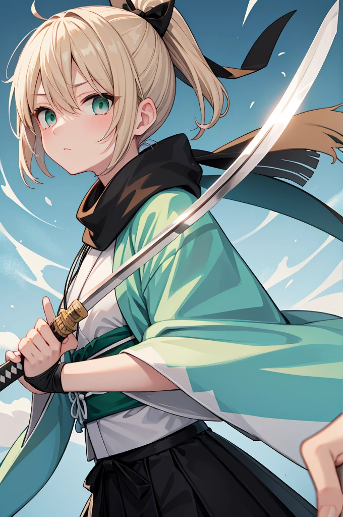 Blonde Short Hair, Black ribbon ponytail, Slanted Eyes, girl, Right eye hidden in hair, Shinsengumi, White kimono, Emerald green hakama, Holding a sword, Black scarf  