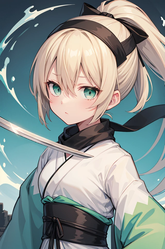 Blonde Short Hair, Black ribbon ponytail, Slanted Eyes, girl, Right eye hidden in hair, Shinsengumi, White kimono, Emerald green hakama, Holding a sword, Black scarf  