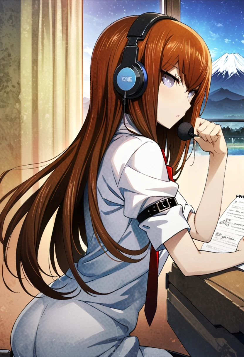 (makise kurisu, Steinsgate),masterpiece,((masterpiece, Highest quality, High resolution)), ((Highly detailed CG integrated 8K wallpaper)),Lo-Fi Research, girl, write, ~ ~ ~ side, 日本人のgirl, Brown Hair, Medium Long Hair, Headphones, Summer clothes, window, mount fuji background, summer night
