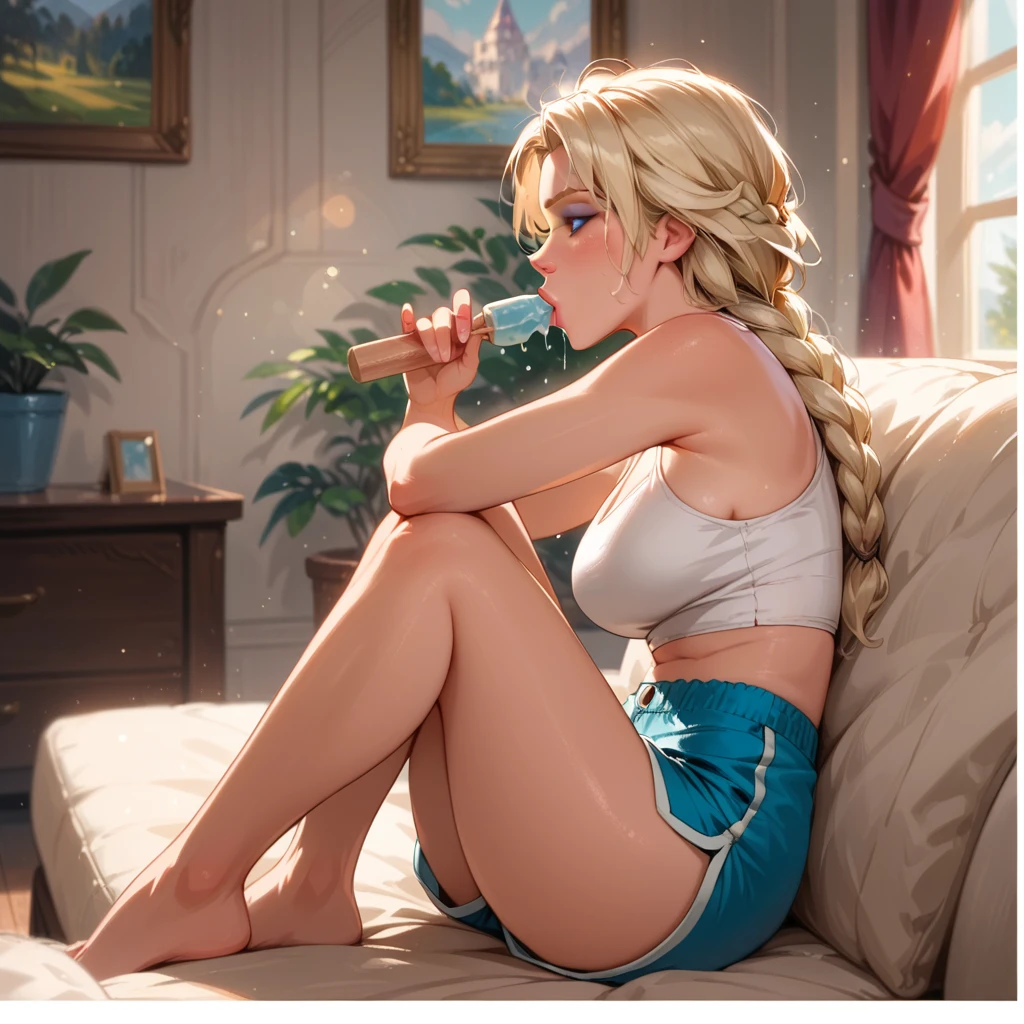 score_9, score_8_up, score_7_up, score_6_up, cinematic film still, 1girl, mature elsa (blonde hair, braid:1.1), (sexy short tight btty shorts, blue:1.3), (loose_cropped_top, white:1.4), sideboob, relaxing on big comfy couch, lovely living room, feet under her on couch, holding an ice pop, sucking the ice pop, practicing fellatio, irrumatio, (cinematic lighting:1.2),, shallow depth of field, vignette, highly detailed, high budget, bokeh, cinemascope, moody, epic, gorgeous, film grain, grainy.