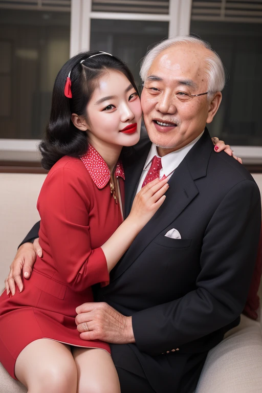 1952, Seoul, (((1 korean young girl and 1 old korean man facing each other))), {1 girl, 20 years old, big breasts, strikingly beautiful, delicate facial features, porcelain skin, expressive eyes, black hair, red lips, sexy, alluring pin-up girl in red dress with big polka dots, ((pin-up hairstyle)), blowing air kiss, slim waist, big breasts, juicy lips, ((awe and joy expression))}, professional photo, photorealistic, in the Dabang, The Original Korean Coffee House, (korean young girl sitting on the sofa),(((70 years old korean man wearing business suit))), (((70 years old korean man hugging on korean young girl's chest))), focus on old man,