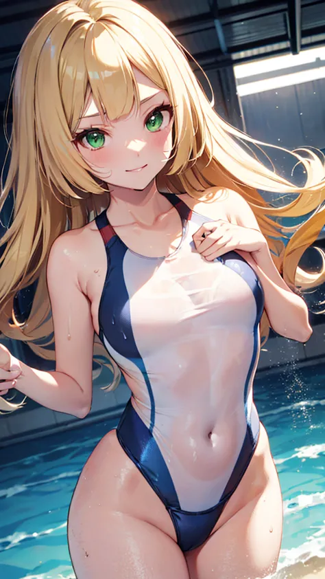 pokemonlilie, blonde hair, blunt bangs, (green eyes), long hair,flat chest,skinny,(chibi:1.3),(white competition swimsuit,see th...