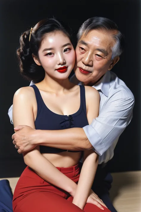 1952, seoul, (((1 korean young girl and 1 old korean man facing each other))), {(1 korean young girl), 20 years old girl in scho...