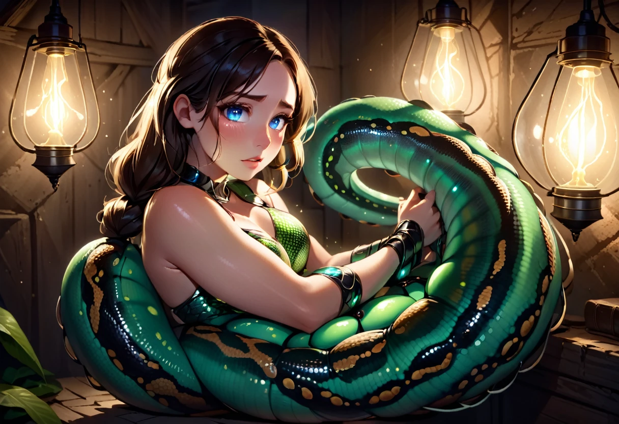 The creature wraps her up in its tentacles like a boa constrictor as it draws her up to its eyes, its bioluminescence the primary light in the mostly barren attic. Katie does her best to stop her struggling against the muscular coils in the hopes they release a little. 