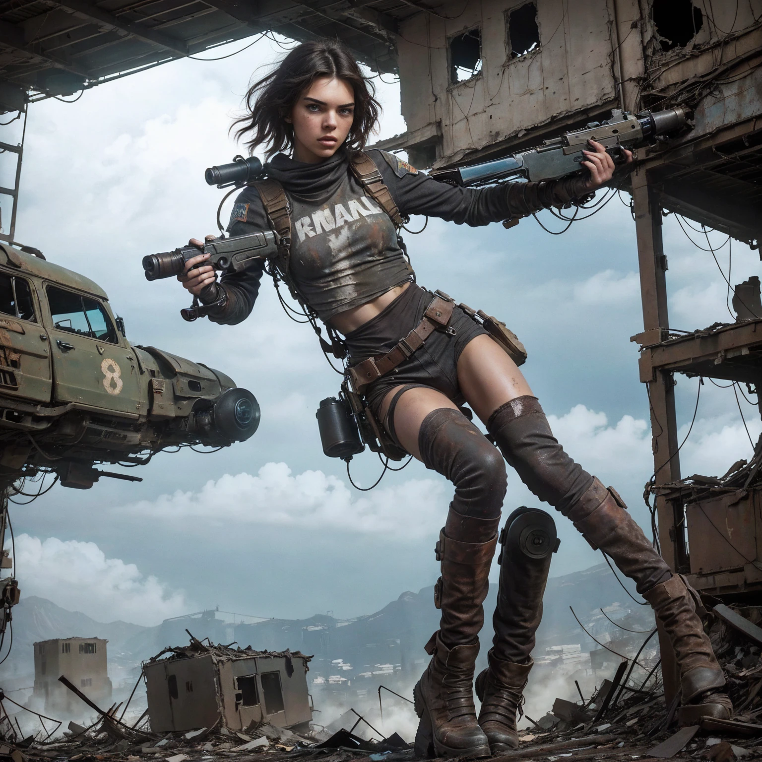 Flying toward the camera. a beautiful but dirty and ragged 18 year old slim girl, a Kendall Jenner look alike with a large gun in her hands, with a jetpack on her back flying toward the camera low between destroyed post apocalyptic buildings on patrol. Movie scene. Cinematic, post apocalyptic style.