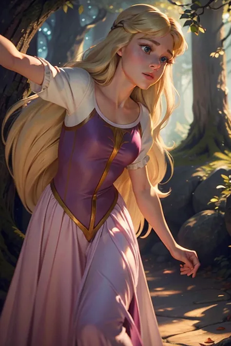 princess eilonwy, wearing a tight pink leotard, long flowing blonde hair, delicate facial features, full lips, large expressive ...