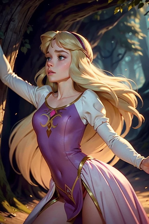 Princess Eilonwy, wearing a tight pink leotard, long flowing blonde hair, delicate facial features, full lips, large expressive eyes, elegant pose, graceful movements, fantasy forest background, warm lighting, detailed rendering, 8k, photorealistic, intricate details, vibrant colors, dramatic colors, dreamlike atmosphere, classic Disney Animated style